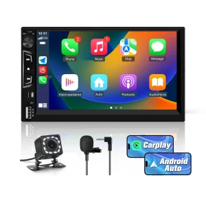AWESAFE Radio Coche 2 DIN Universal con Pantalla Táctil 7" - CarPlay/Android Auto Inalámbrico, Bluetooth, GPS, FM, USB-C, USB, Luces Teclas Coloridas, Cámara Trasera