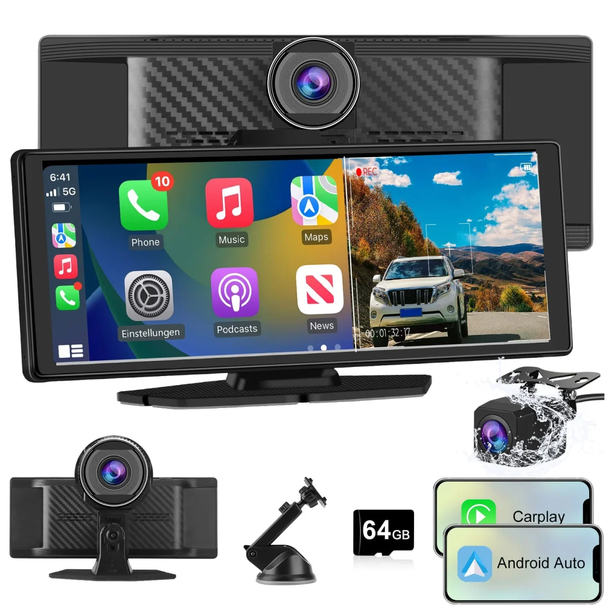 AWESAFE Autoradio avec CarPlay Sans Fil & Android Auto - Écran Tactile 10,26 Pouces - Caméra 4K Avant + 1080P Arrière - Bluetooth/GPS/Mirror Link/Assistant Vocal/AUX/FM – Image 2