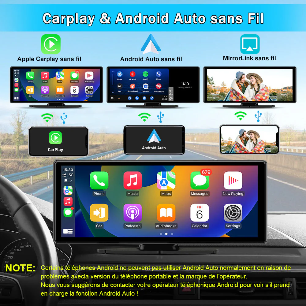 AWESAFE Autoradio avec CarPlay Sans Fil & Android Auto - Écran Tactile 10,26 Pouces - Caméra 4K Avant + 1080P Arrière - Bluetooth/GPS/Mirror Link/Assistant Vocal/AUX/FM – Image 3