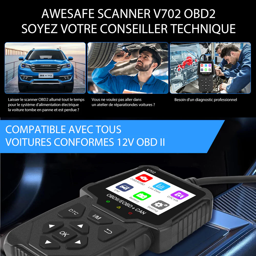 AWESAFE Scanner OBD2 Universel pour Voiture - Écran Numérique, Lecteur de Codes et Outils de Diagnostic Automobile - Compatible avec la Plupart des Véhicules depuis 1996 – Image 3