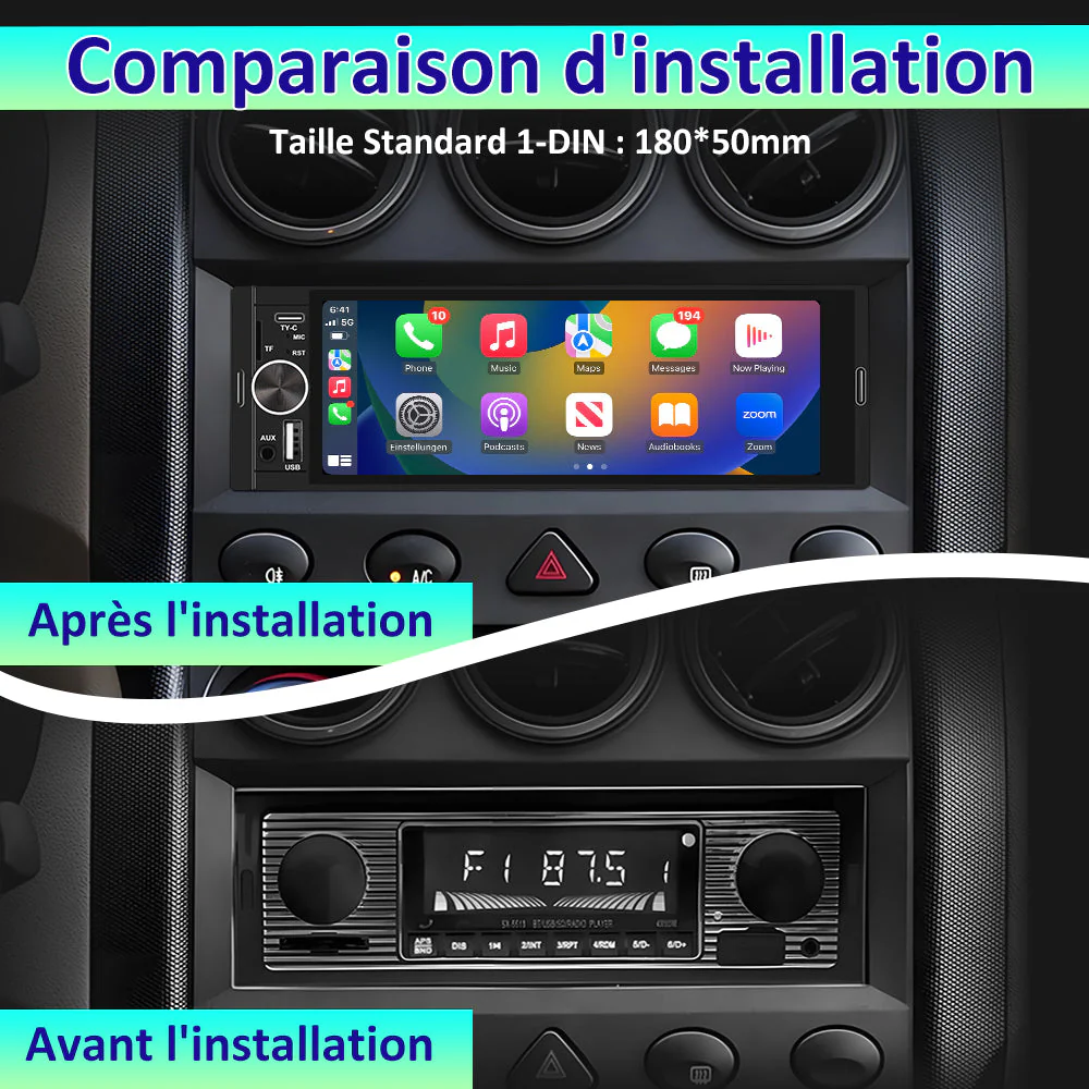 AWESAFE Autoradio 1 DIN avec Bluetooth 5.0, CarPlay et Android Auto – Écran tactile de 6,36 pouces, lecteur multimédia avec Mirror Link, radio FM RDS, ports USB et Type-C, Microphone, Caméra de Recul – Image 3