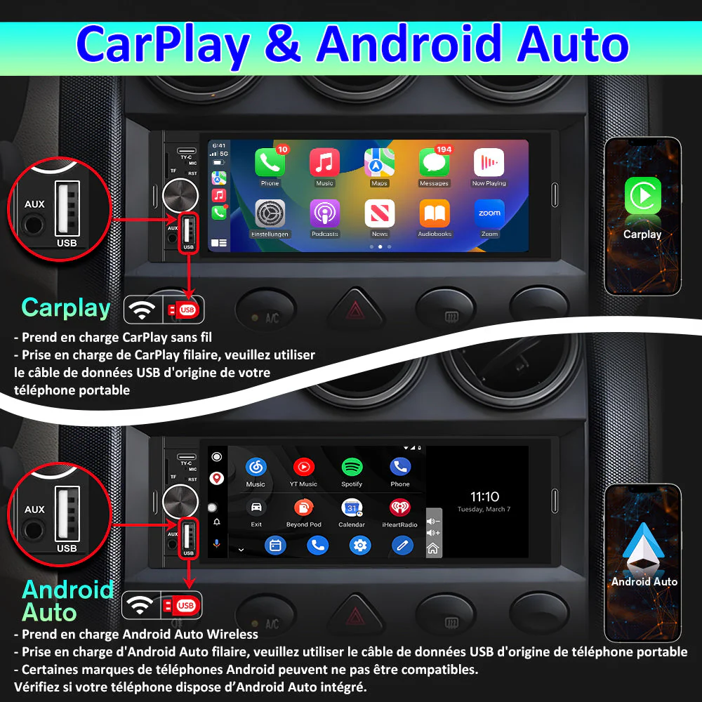 AWESAFE Autoradio 1 DIN avec Bluetooth 5.0, CarPlay et Android Auto – Écran tactile de 6,36 pouces, lecteur multimédia avec Mirror Link, radio FM RDS, ports USB et Type-C, Microphone, Caméra de Recul – Image 4