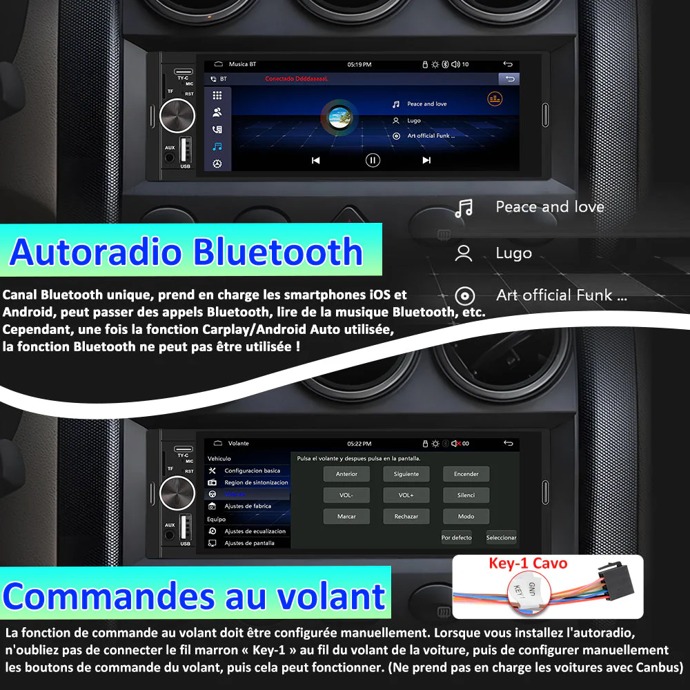 AWESAFE Autoradio 1 DIN avec Bluetooth 5.0, CarPlay et Android Auto – Écran tactile de 6,36 pouces, lecteur multimédia avec Mirror Link, radio FM RDS, ports USB et Type-C, Microphone, Caméra de Recul – Image 5
