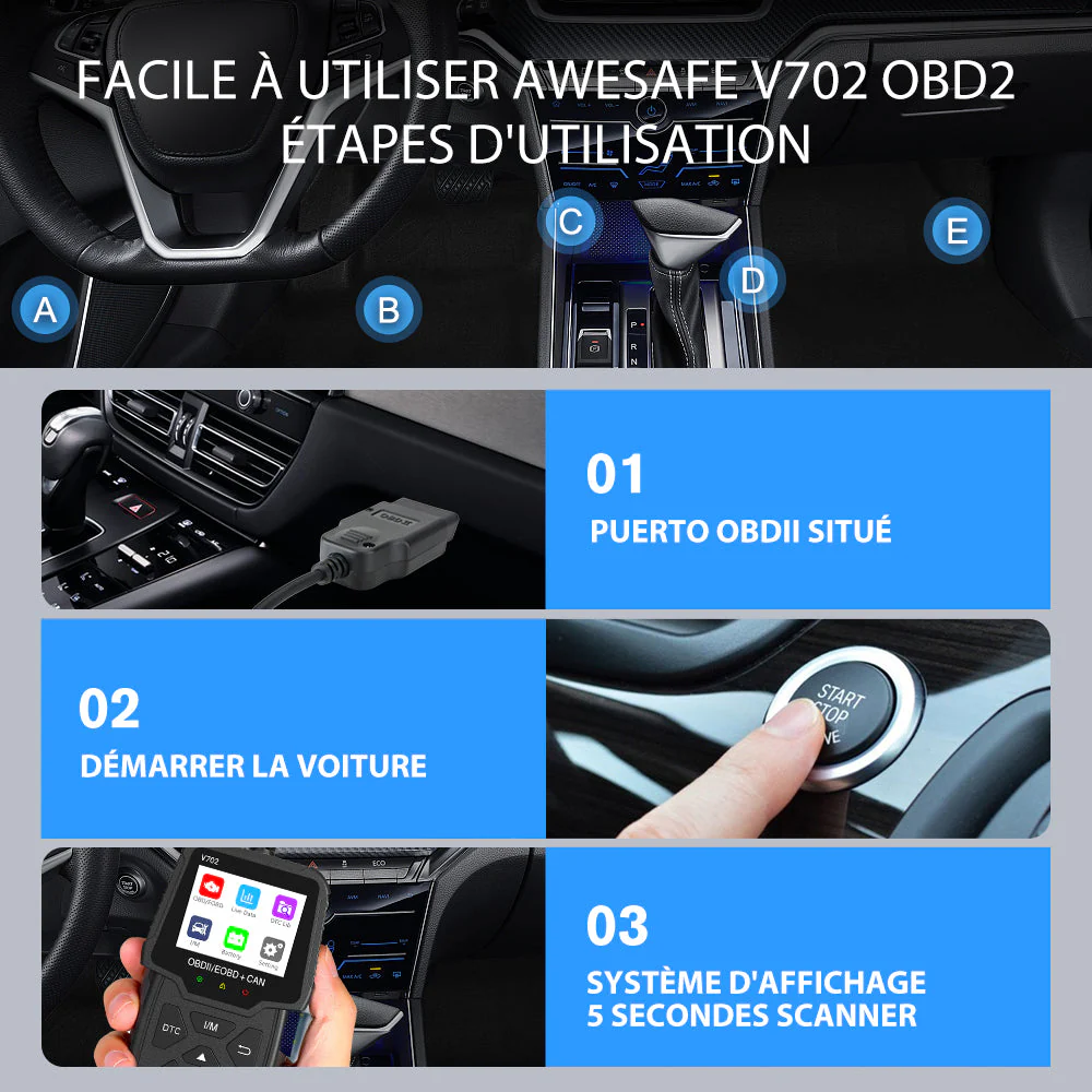AWESAFE Scanner OBD2 Universel pour Voiture - Écran Numérique, Lecteur de Codes et Outils de Diagnostic Automobile - Compatible avec la Plupart des Véhicules depuis 1996 – Image 6