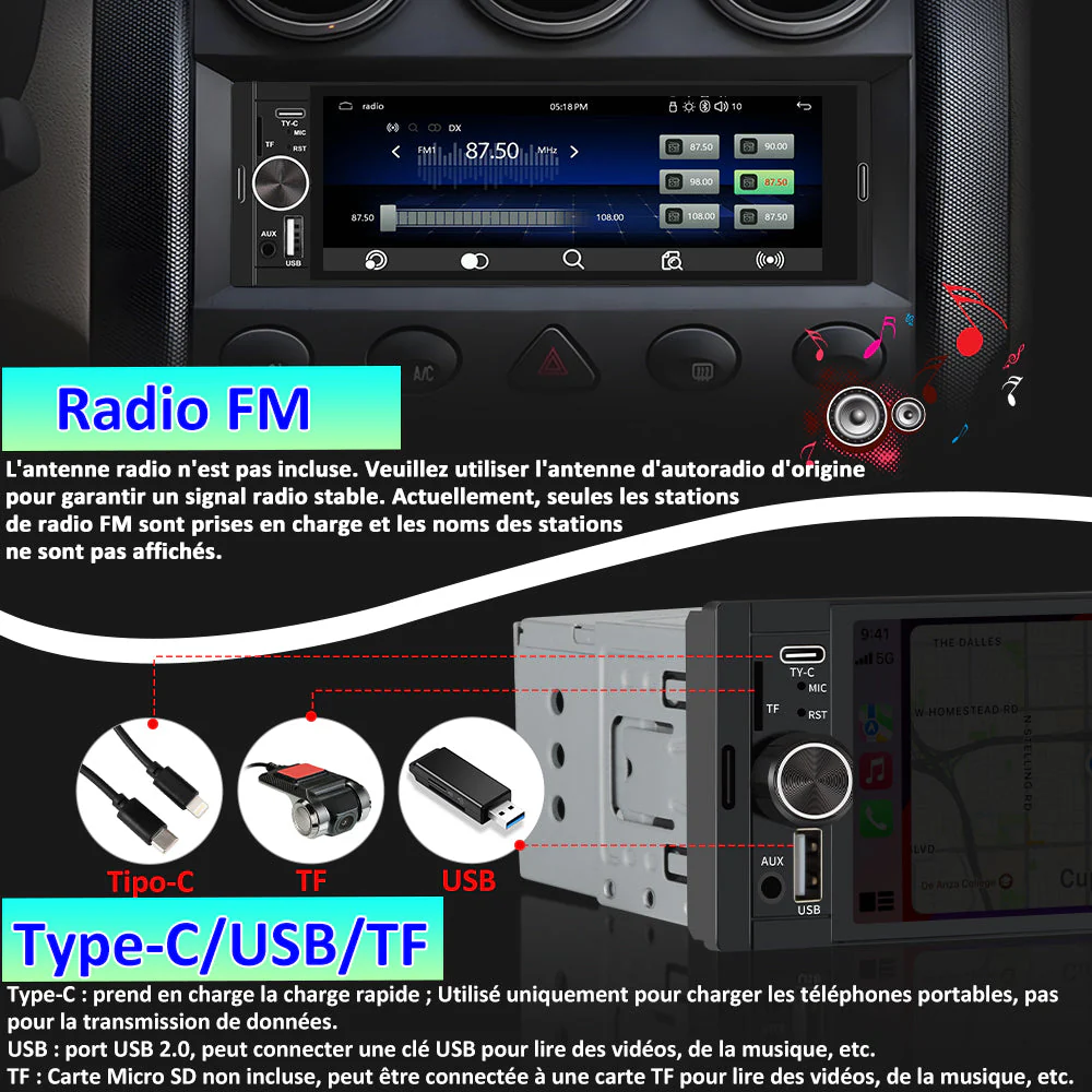 AWESAFE Autoradio 1 DIN avec Bluetooth 5.0, CarPlay et Android Auto – Écran tactile de 6,36 pouces, lecteur multimédia avec Mirror Link, radio FM RDS, ports USB et Type-C, Microphone, Caméra de Recul – Image 6