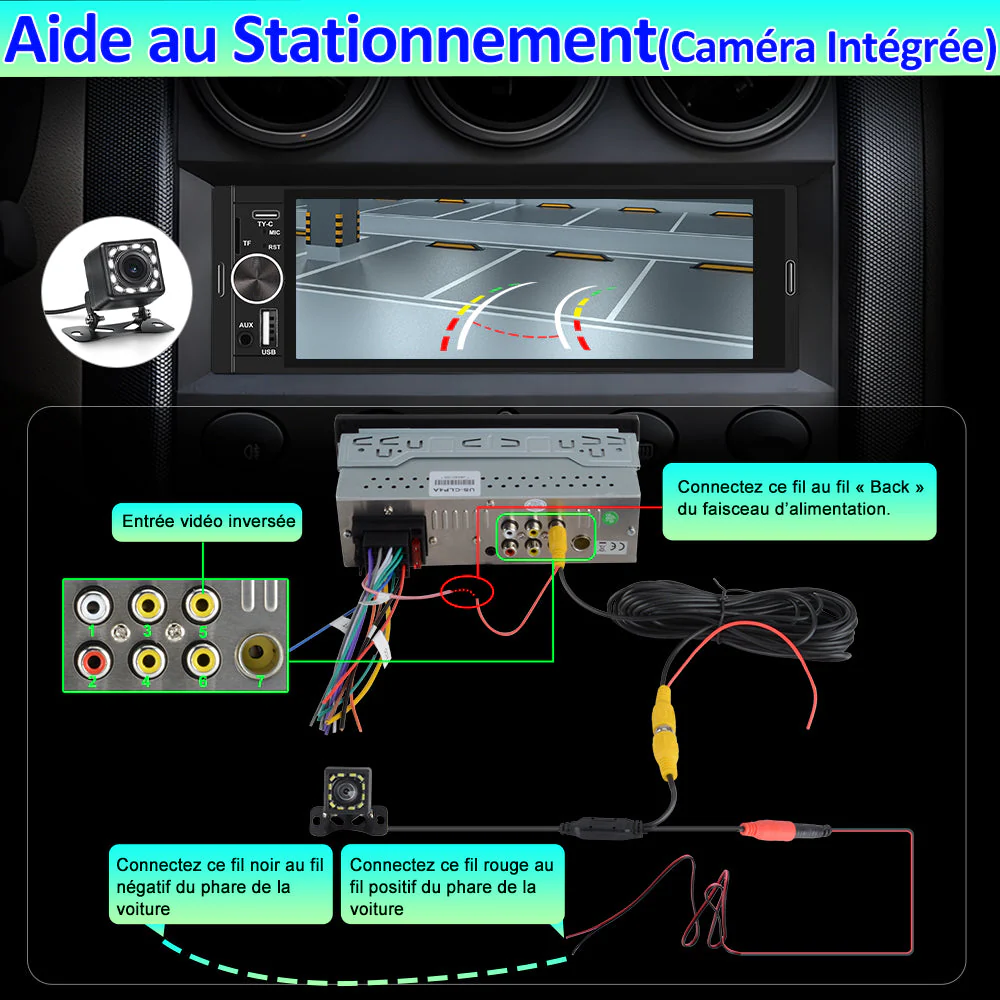 AWESAFE Autoradio 1 DIN avec Bluetooth 5.0, CarPlay et Android Auto – Écran tactile de 6,36 pouces, lecteur multimédia avec Mirror Link, radio FM RDS, ports USB et Type-C, Microphone, Caméra de Recul – Image 7