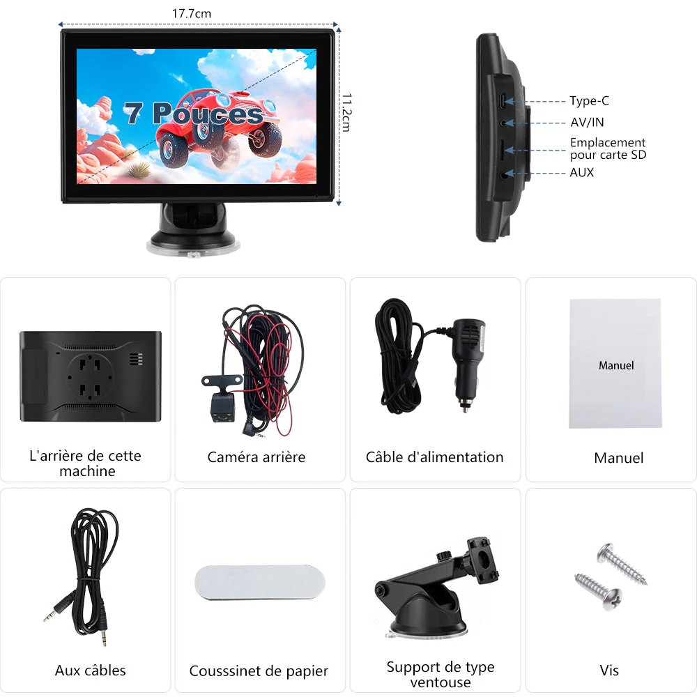 AWESAFE Autoradio Portable 7 Pouces avec Caméra de Recul - CarPlay Sans Fil & Android Auto - FM/AUX/Bluetooth 5.0 - Compatible 7-32V Voitures et Camions – Image 8