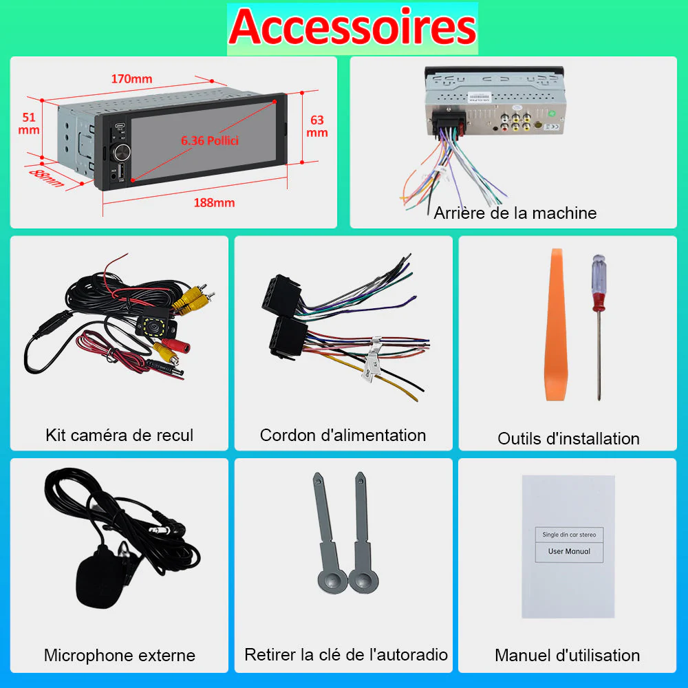 AWESAFE Autoradio 1 DIN avec Bluetooth 5.0, CarPlay et Android Auto – Écran tactile de 6,36 pouces, lecteur multimédia avec Mirror Link, radio FM RDS, ports USB et Type-C, Microphone, Caméra de Recul – Image 9