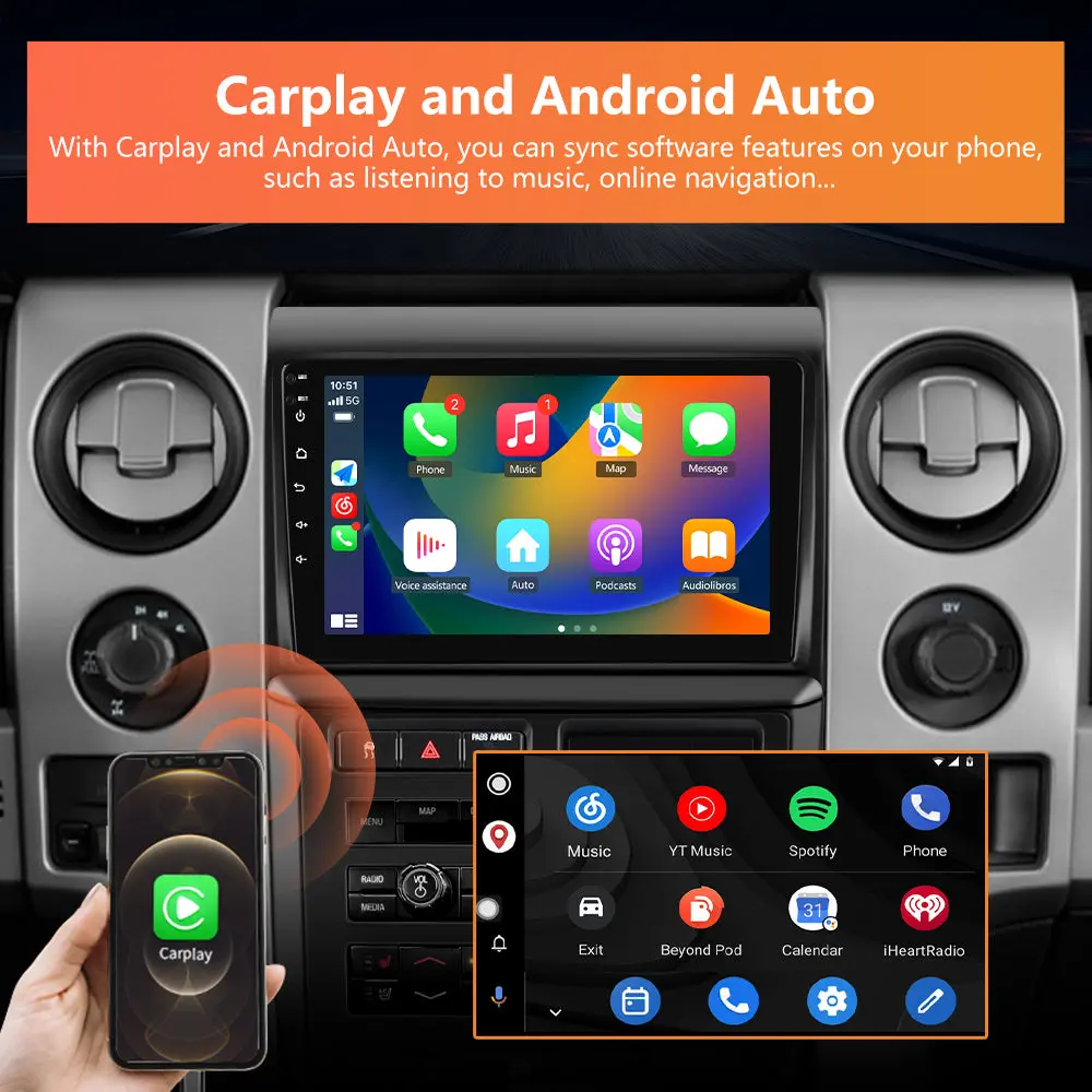 AWESAFE 9 inch Car Radio for Ford F150 2009-2012(Only Fit Auto AC),Support Wireless Carpaly&Android Auto/FM/AM/RDS/Type-C Fast-Charging-Cable – Image 5