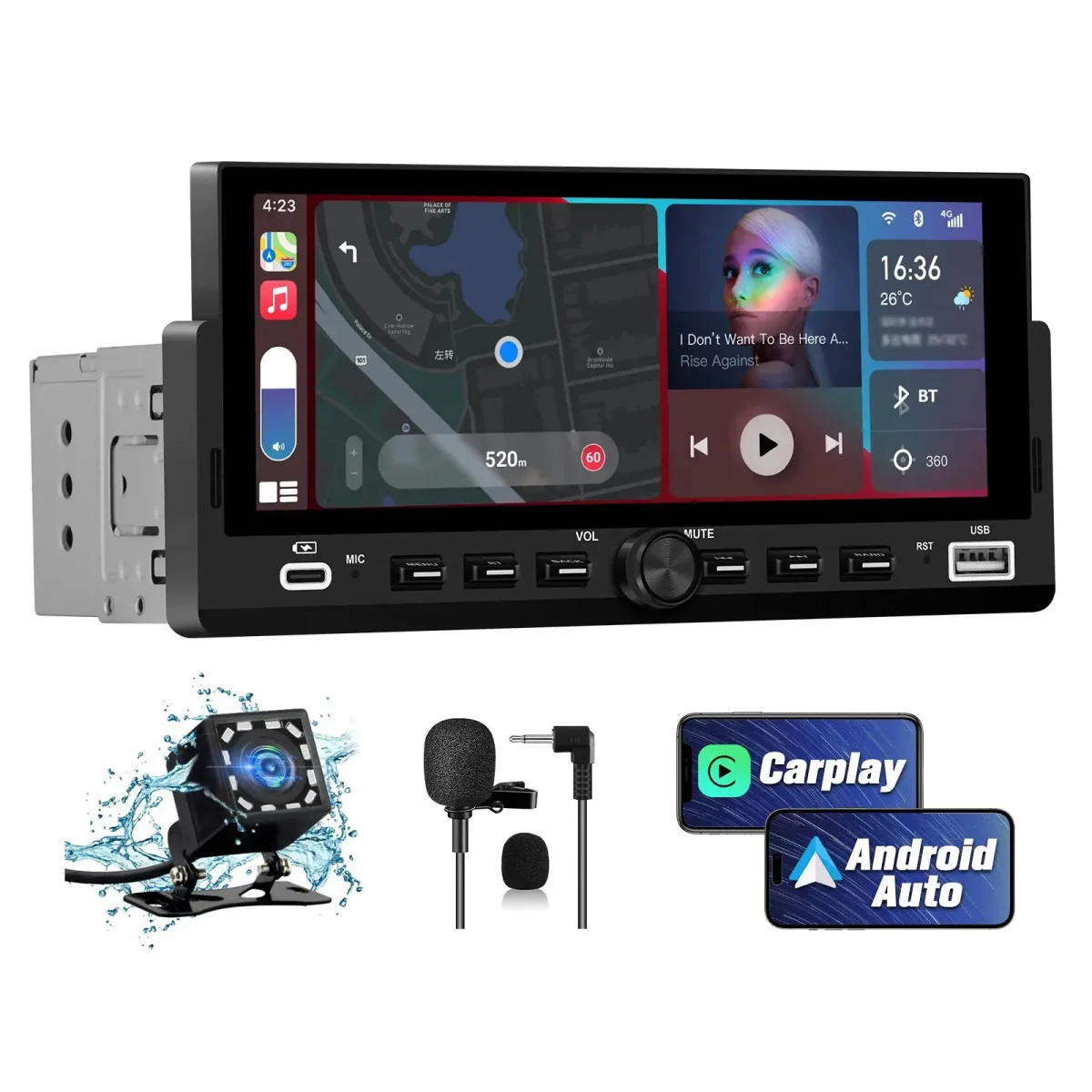 AWEASFE 1 DIN Car Radio, Universal Single Din Car Stereo with Wireless CarPlay & Android Auto, 6.86" IPS Touch Screen Head Unit with Backup Camera/External Microphone, Supports Bluetooth/SWC/FM/USB – Image 2