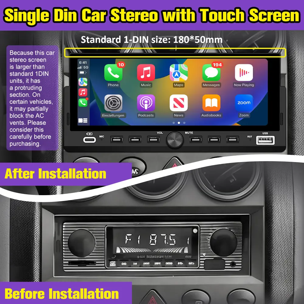 AWEASFE 1 DIN Car Radio, Universal Single Din Car Stereo with Wireless CarPlay & Android Auto, 6.86" IPS Touch Screen Head Unit with Backup Camera/External Microphone, Supports Bluetooth/SWC/FM/USB – Image 3