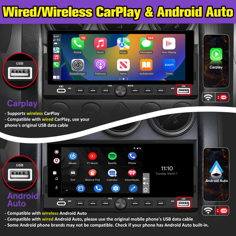 AWEASFE 1 DIN Car Radio, Universal Single Din Car Stereo with Wireless CarPlay & Android Auto, 6.86" IPS Touch Screen Head Unit with Backup Camera/External Microphone, Supports Bluetooth/SWC/FM/USB – Image 4
