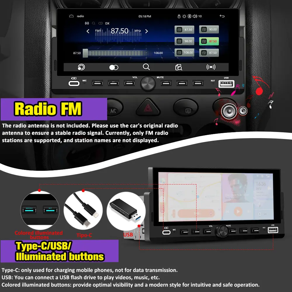 AWEASFE 1 DIN Car Radio, Universal Single Din Car Stereo with Wireless CarPlay & Android Auto, 6.86" IPS Touch Screen Head Unit with Backup Camera/External Microphone, Supports Bluetooth/SWC/FM/USB – Image 6