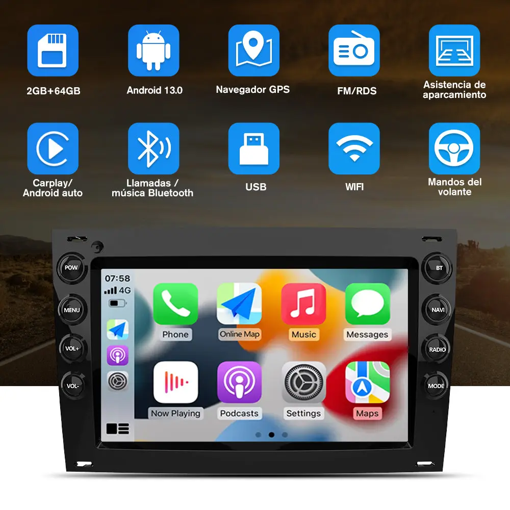 AWEASFE 2+64G Android 13 Radio de Coche para Renault Megane 2003-2009,7 Pulgadas con Carplay/Android Auto/Mirror Link/Bluetooth/GPS FM RDS/WiFi/SWC/EQ – Image 3