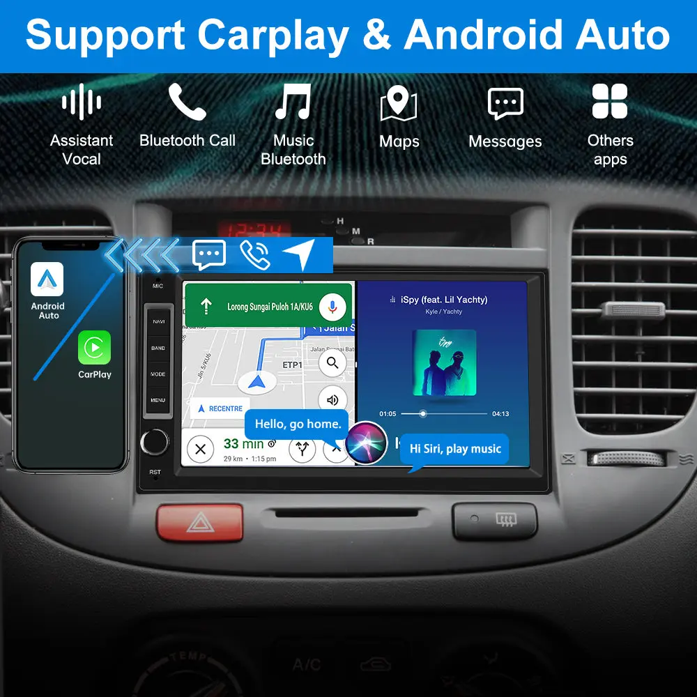 AWESAFE 1/2 DIN Universal Car Radio With 7 Inch Touch ScreenBuilt in Wireless Carplay Android Auto GPS Navigation & WiFi Bluetooth DSP – Image 3