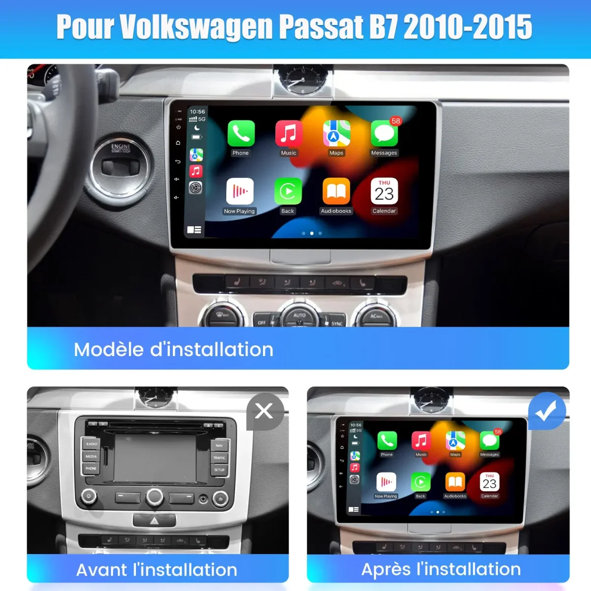 AWESAFE 10 Pouces Autoradio Android 13 GPS pour Volkswagen Passat B7 2010-2015, 4+64Go, FM RDS, Bluetooth Appels/Musique, USB, 4G WIFI, Carplay Android Auto, Aide Stationnement, Commandes Volant – Image 3