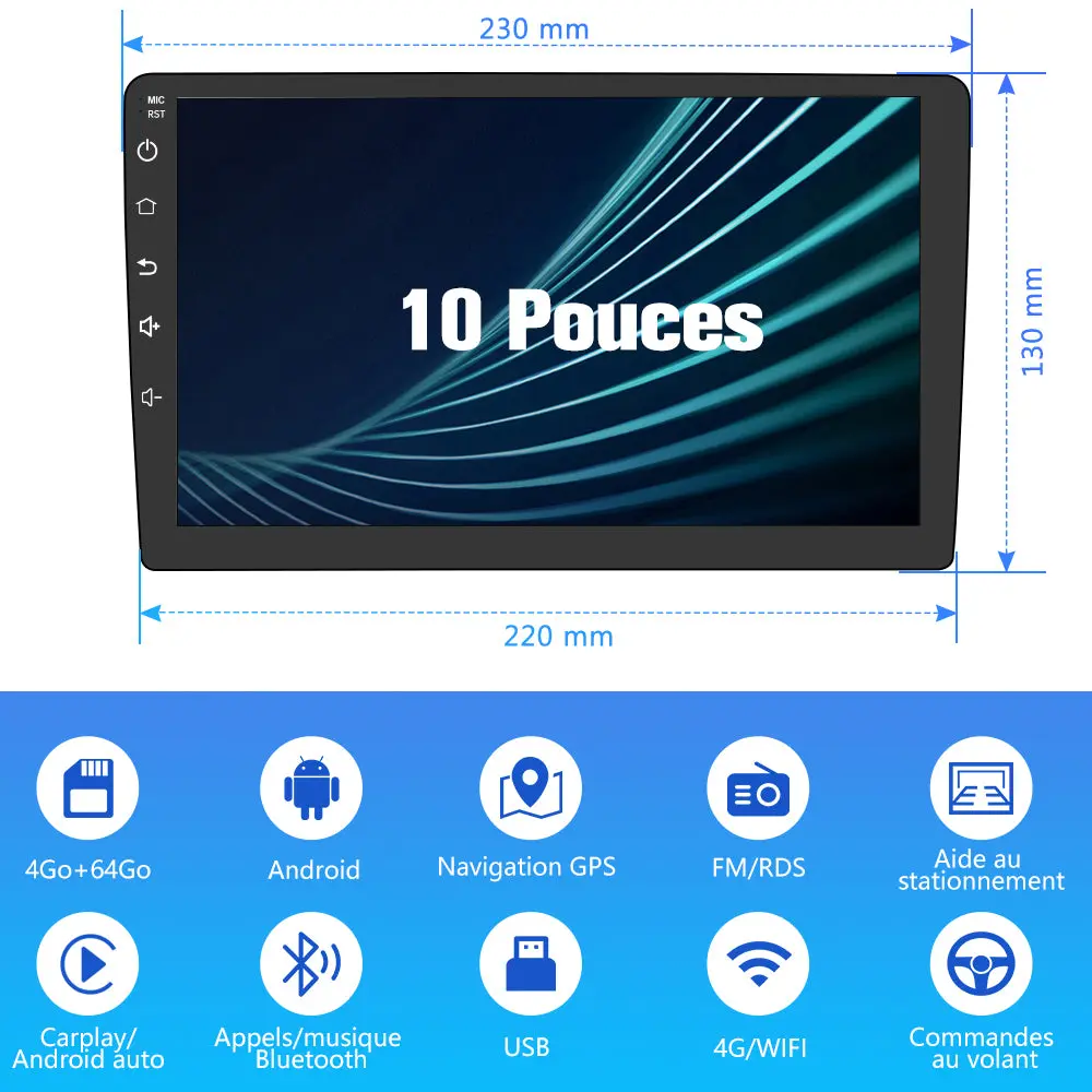 AWESAFE 10 Pouces Autoradio Android 13 GPS pour Volkswagen Passat B7 2010-2015, 4+64Go, FM RDS, Bluetooth Appels/Musique, USB, 4G WIFI, Carplay Android Auto, Aide Stationnement, Commandes Volant – Image 4