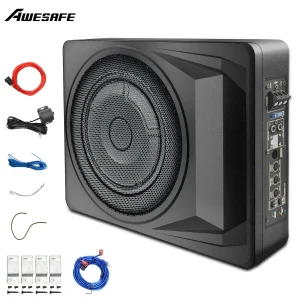 AWESAFE 10 inch Slim Under Seat Car Subwoofer with Built-in Amplifier - 1200 Watts Max,High/Low Level Inputs, Remote Control, Enhanced Bass for Car/Truck