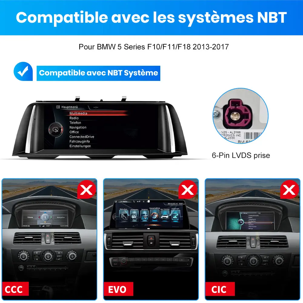 AWESAFE 10.25" Android 13 Autoradio pour BMW S.5 F10/F11/F18 NBT (2013-2017) - Bluetooth, Android Auto et Carplay sans fil + Câble USB – Image 5
