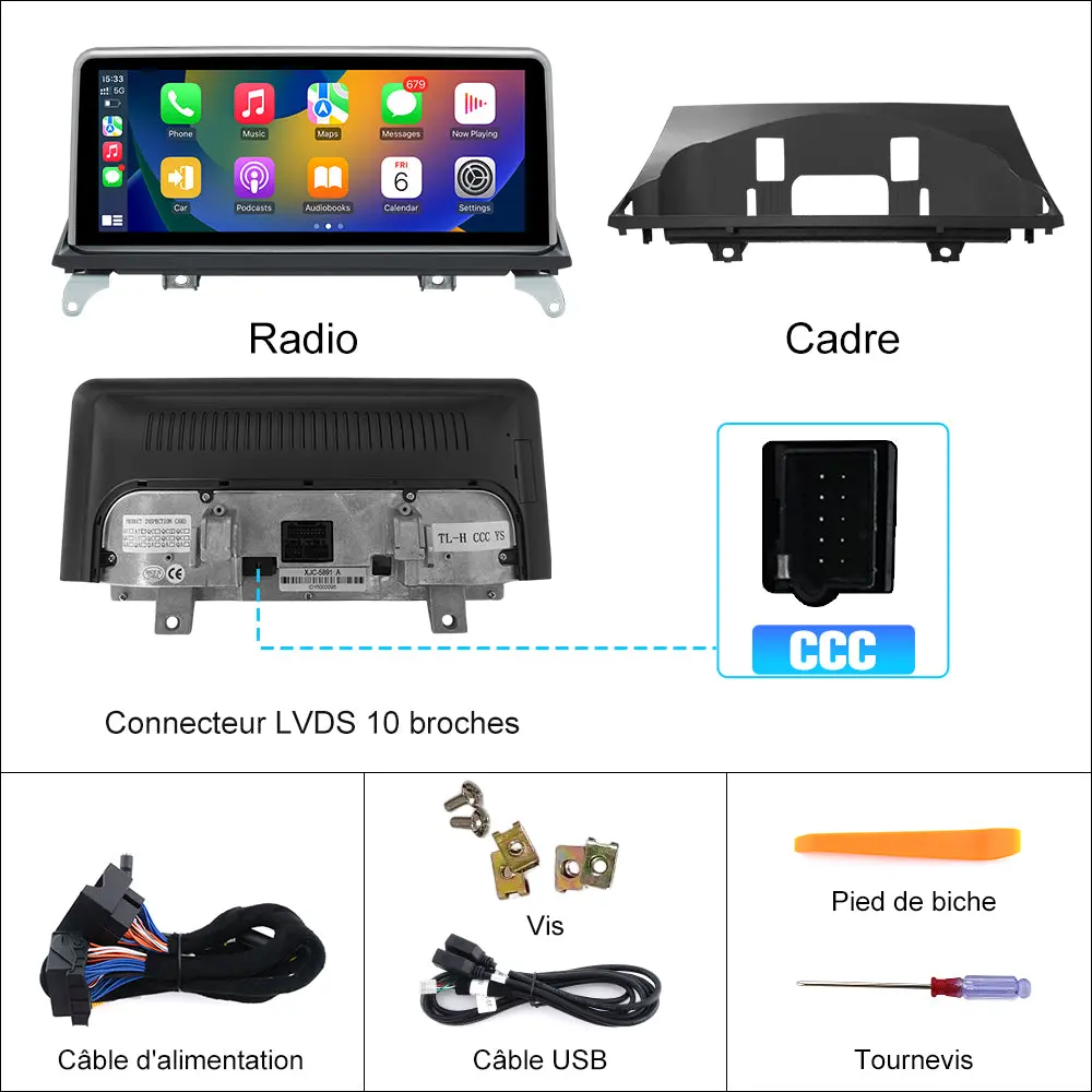 AWESAFE 10.25" Android Autoradio pour BMW X5 E70 & X6 E71 CCC (2007-2010) - Bluetooth, Android Auto & Carplay sans fil + Câble USB – Image 9