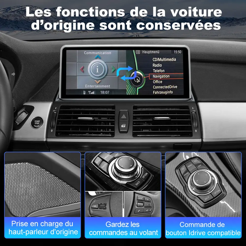 AWESAFE 10.25" Android Autoradio pour BMW X5 E70 & X6 E71 CIC (2011-2013) - Bluetooth, Android Auto & Carplay sans fil + Câble USB – Image 3