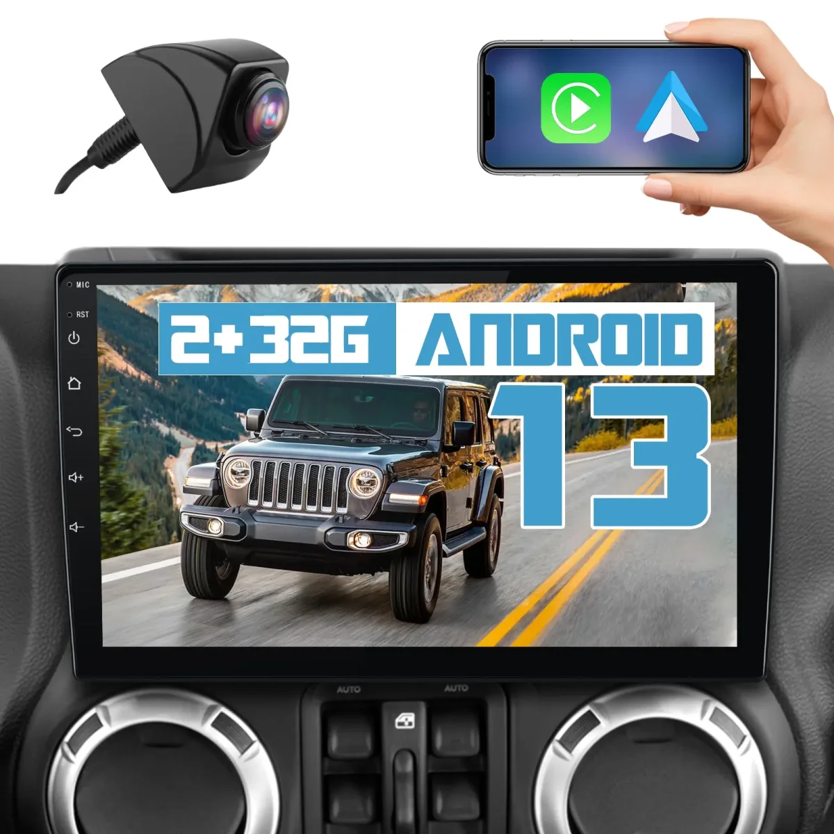 AWESAFE 10" Car Stereo with Wireless CarPlay & Android Auto, Bluetooth, FM Radio, DSP, Voice Control, GPS, Steering Wheel & Backup Camera for Jeep Wrangler 2007-2016 – Image 2