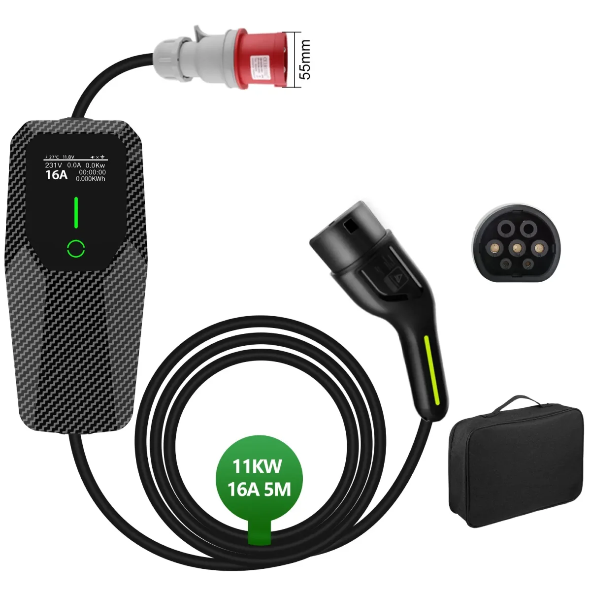 AWESAFE 11kW Typ 2 EV-Ladegerät mit 5m Kabel, 8-16A einstellbar (Strom/Startzeit), dreiphasigem CEE-Stecker rot, Tragetasche + DE-Anleitung – für E-Autos & PHEV – Image 2