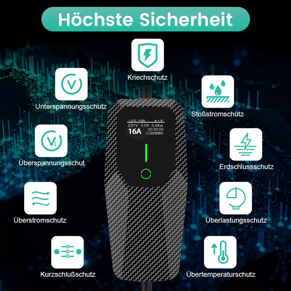 AWESAFE 11kW Typ 2 EV-Ladegerät mit 5m Kabel, 8-16A einstellbar (Strom/Startzeit), dreiphasigem CEE-Stecker rot, Tragetasche + DE-Anleitung – für E-Autos & PHEV – Image 4