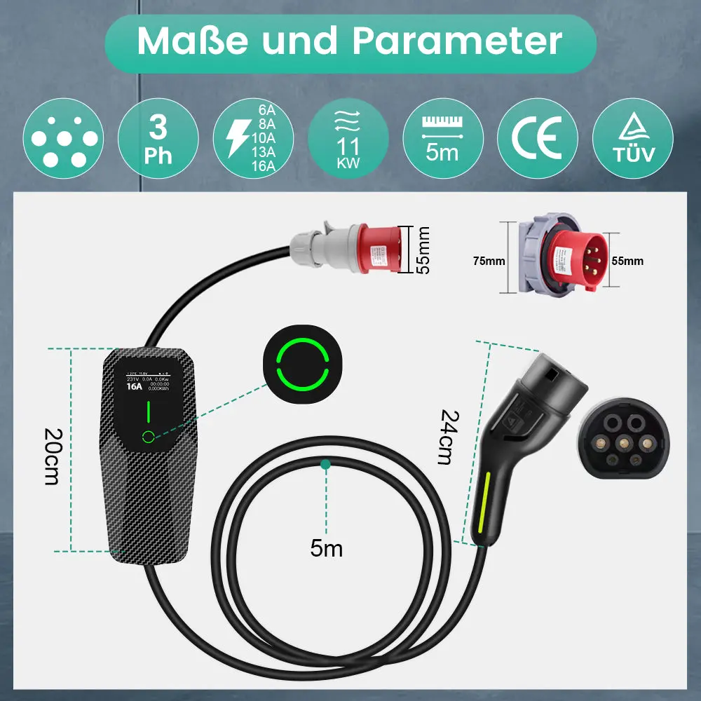AWESAFE 11kW Typ 2 EV-Ladegerät mit 5m Kabel, 8-16A einstellbar (Strom/Startzeit), dreiphasigem CEE-Stecker rot, Tragetasche + DE-Anleitung – für E-Autos & PHEV – Image 7