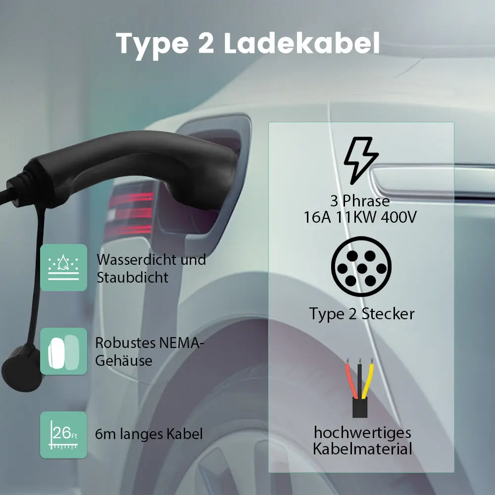 AWESAFE 11kW Typ 2 Ladegerät EU fur die meiste Automodelle – Regelbar (8-10-16A), 6M Kabel, Display, RFID, Bluetooth/WiFi-Steuerung – mit Ladeanzeige, Dreiphasig – Image 6