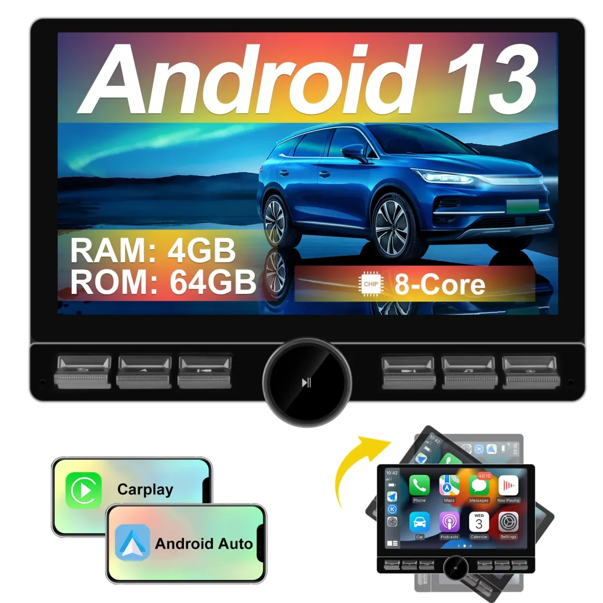 AWESAFE 1DIN Autoradio Android 13 con Schermo Touchscreen Orientabile da 10,6 Pollici - 4+64GB - Bluetooth, FM, AM, WiFi, 4G