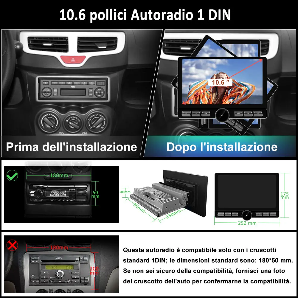 AWESAFE 1DIN Autoradio Android 13 con Schermo Touchscreen Orientabile da 10,6 Pollici - 4+64GB - Bluetooth, FM, AM, WiFi, 4G – Image 3