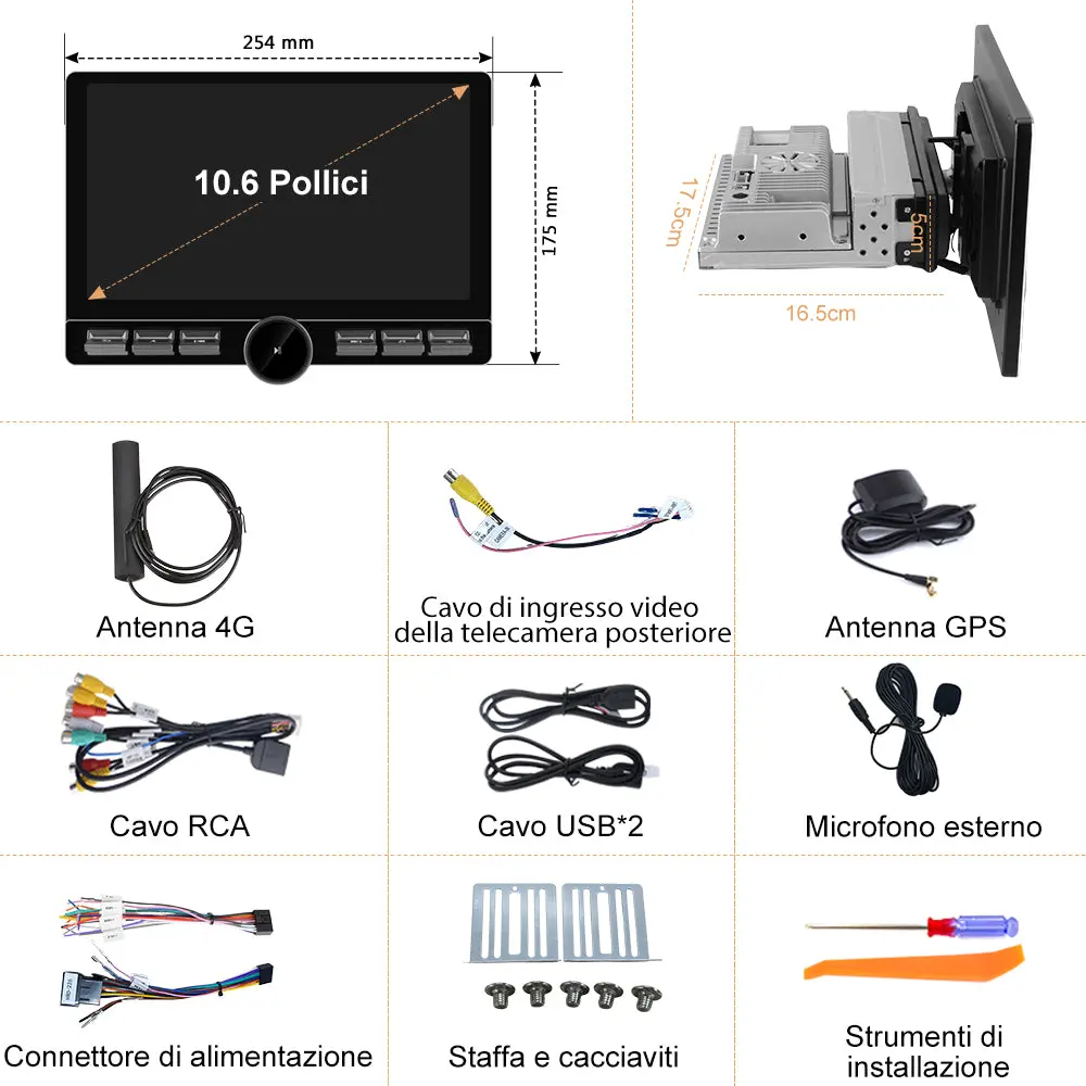 AWESAFE 1DIN Autoradio Android 13 con Schermo Touchscreen Orientabile da 10,6 Pollici - 4+64GB - Bluetooth, FM, AM, WiFi, 4G – Image 9