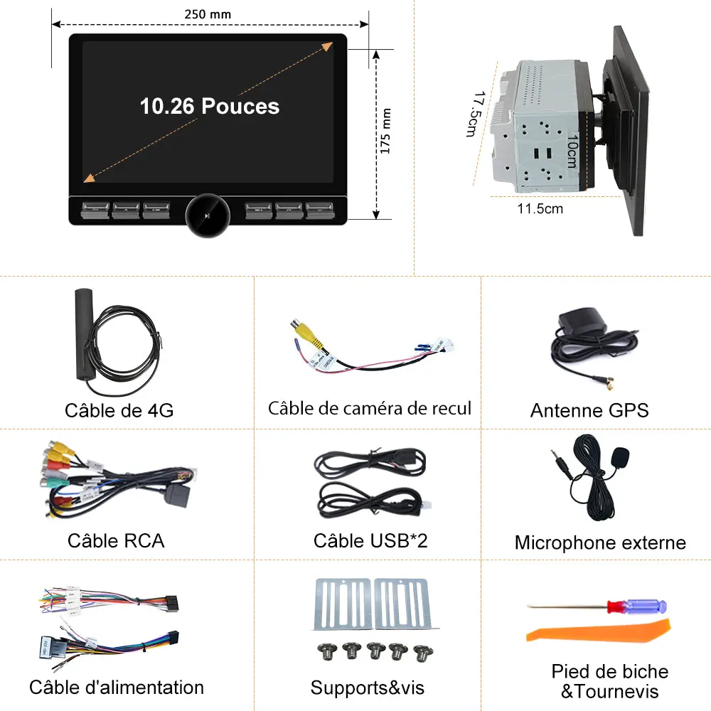 AWESAFE 2 DIN Autoradio Android 13 - Écran Tactile Orientable 10,6" 4+64GB - Bluetooth/FM/AM/WiFi/4G Universel – Image 8