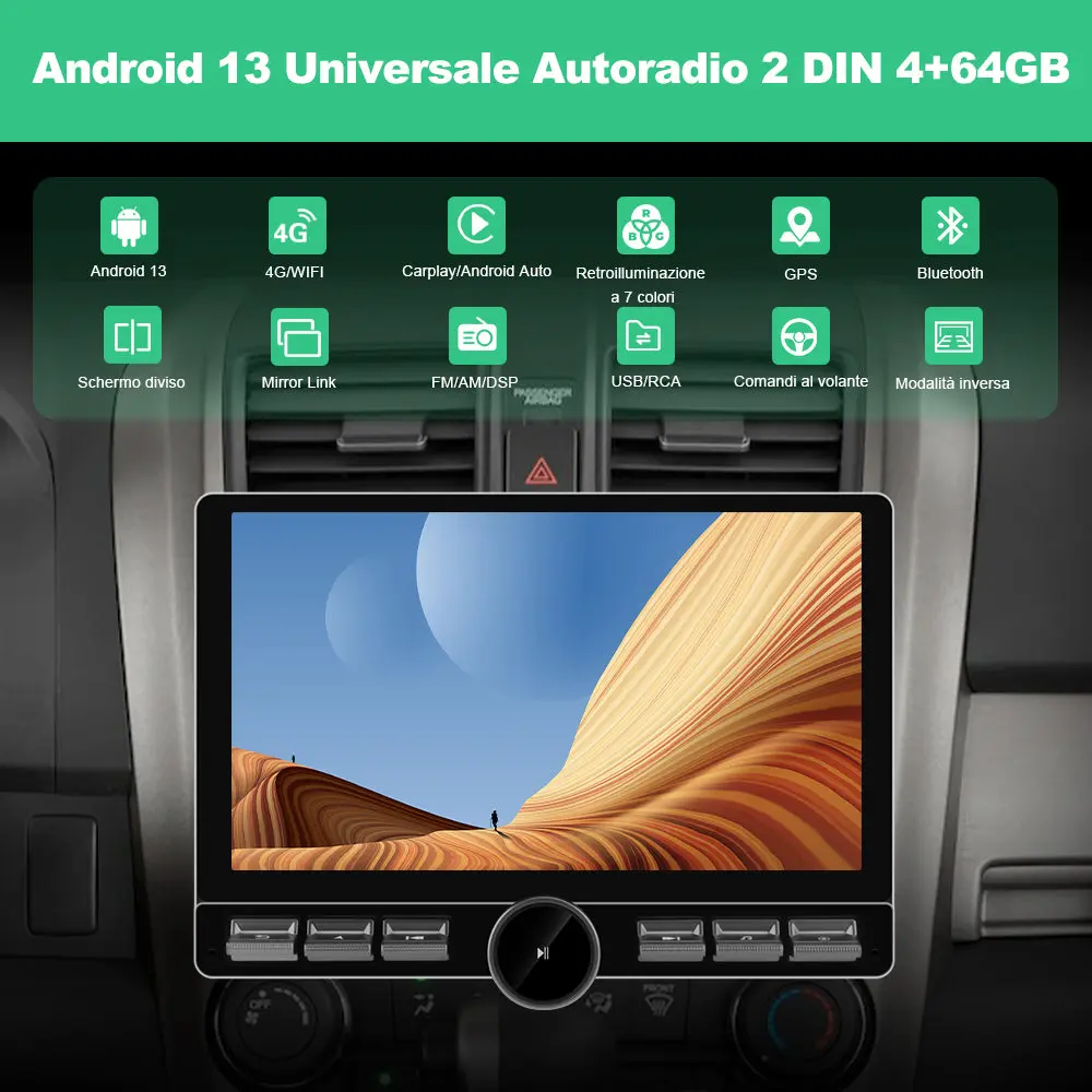 AWESAFE 2 DIN Autoradio Android 13 con Schermo Touchscreen Orientabile da 10,6 Pollici - 4+64GB - Bluetooth, FM, AM, WiFi, 4G – Image 3