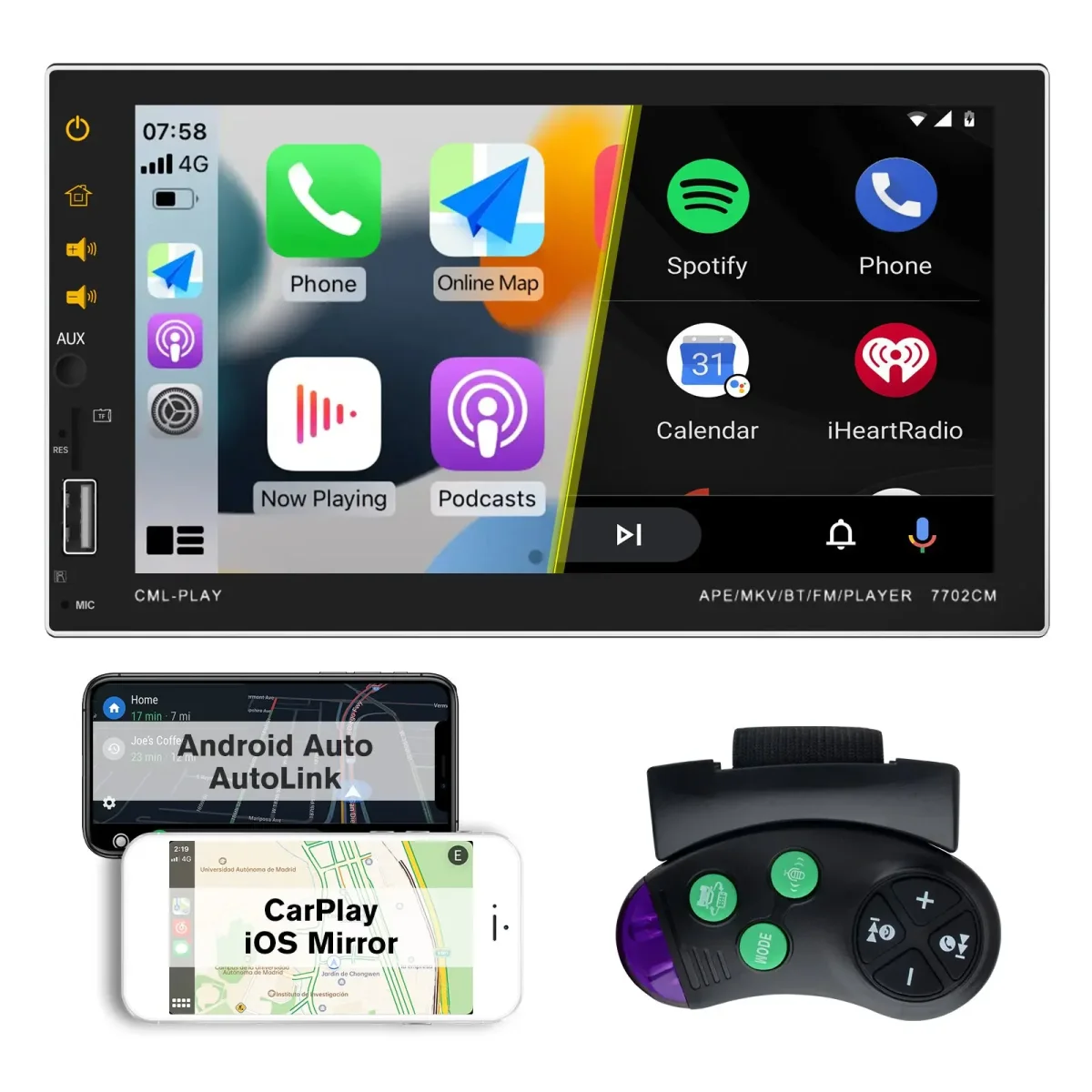 AWESAFE 2 DIN Portátil Radio Coche con Inalámbrico Carplay & Android Auto,7''Autoradio Estéreo IPS Pantalla Táctil con Bluetooth 5.0/Asistencia de Voz/Mirror Link,Admite cámara de marcha atrás con visión trasera