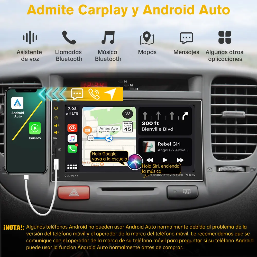 AWESAFE 2 DIN Portátil Radio Coche con Inalámbrico Carplay & Android Auto,7''Autoradio Estéreo IPS Pantalla Táctil con Bluetooth 5.0/Asistencia de Voz/Mirror Link,Admite cámara de marcha atrás con visión trasera – Image 3