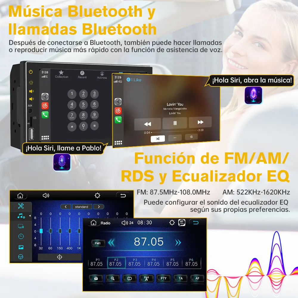 AWESAFE 2 DIN Portátil Radio Coche con Inalámbrico Carplay & Android Auto,7''Autoradio Estéreo IPS Pantalla Táctil con Bluetooth 5.0/Asistencia de Voz/Mirror Link,Admite cámara de marcha atrás con visión trasera – Image 6