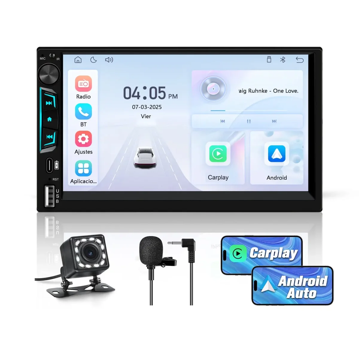 AWESAFE 2 DlN Universel avec 7 pouces Ecran Tactile Autoradio CarPlay sans fil, Android Auto sans fil Bluetooth, transmetteur FM, caméra de recul et microphone intégré pour voiture