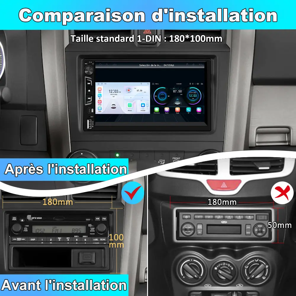 AWESAFE 2 DlN Universel avec 7 pouces Ecran Tactile Autoradio CarPlay sans fil, Android Auto sans fil Bluetooth, transmetteur FM, caméra de recul et microphone intégré pour voiture – Image 3