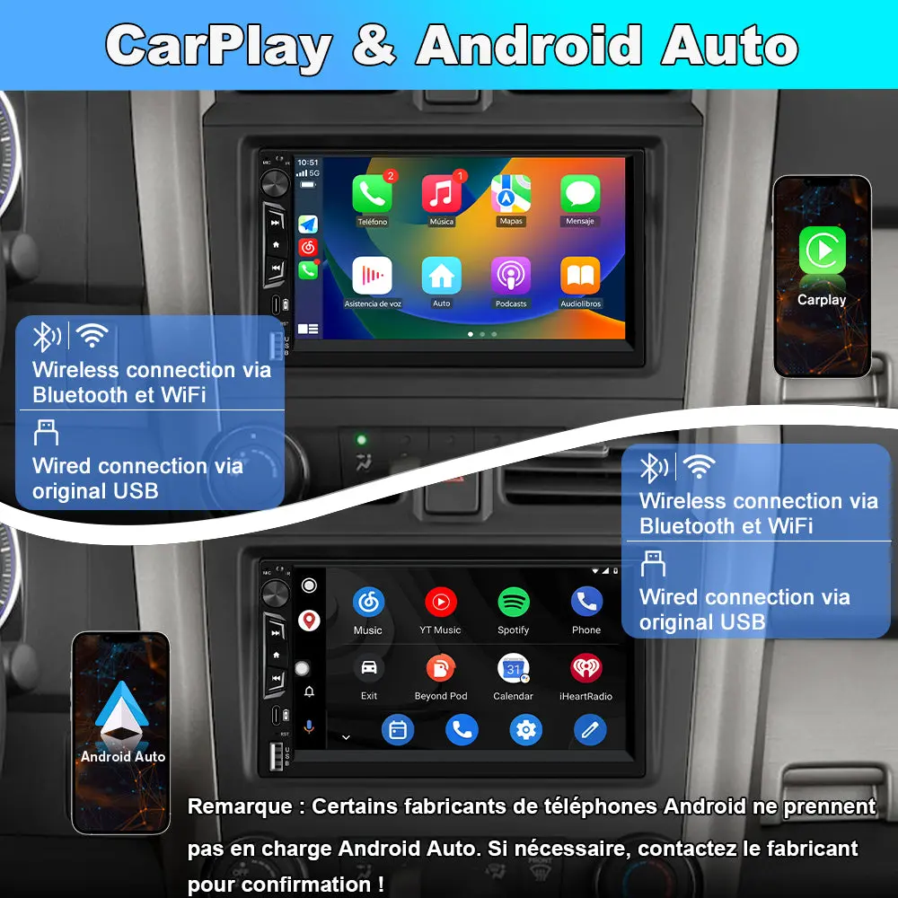 AWESAFE 2 DlN Universel avec 7 pouces Ecran Tactile Autoradio CarPlay sans fil, Android Auto sans fil Bluetooth, transmetteur FM, caméra de recul et microphone intégré pour voiture – Image 4