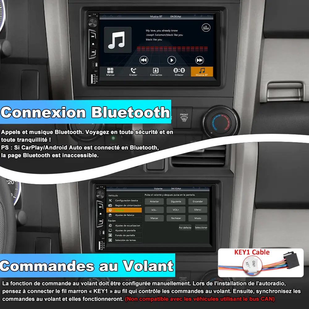 AWESAFE 2 DlN Universel avec 7 pouces Ecran Tactile Autoradio CarPlay sans fil, Android Auto sans fil Bluetooth, transmetteur FM, caméra de recul et microphone intégré pour voiture – Image 5