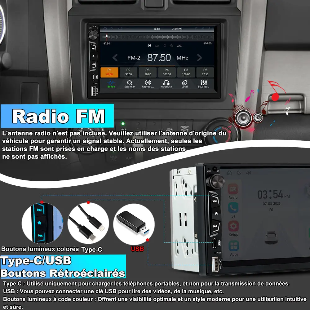 AWESAFE 2 DlN Universel avec 7 pouces Ecran Tactile Autoradio CarPlay sans fil, Android Auto sans fil Bluetooth, transmetteur FM, caméra de recul et microphone intégré pour voiture – Image 6