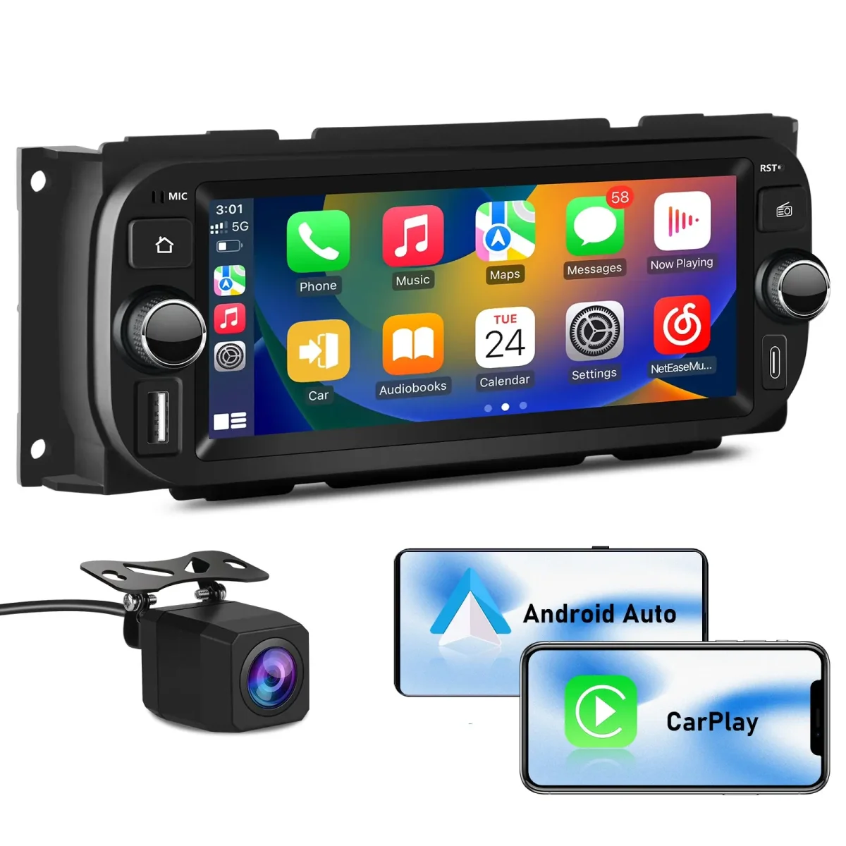 AWESAFE (2GB+64GB)Bluetooth Car Radio For Jeep Wrangler & Chrysler 300 & Dodye Ram, 6.86 inch Touchscreen with AM/FM/Wireless CarPlay Android Auto – Image 2