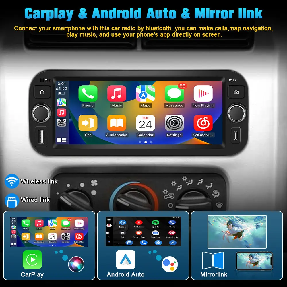 AWESAFE (2GB+64GB)Bluetooth Car Radio For Jeep Wrangler & Chrysler 300 & Dodye Ram, 6.86 inch Touchscreen with AM/FM/Wireless CarPlay Android Auto – Image 3