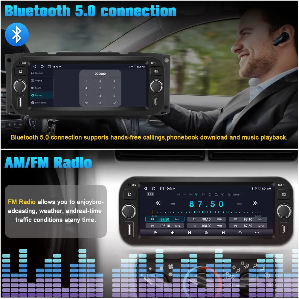 AWESAFE (2GB+64GB)Bluetooth Car Radio For Jeep Wrangler & Chrysler 300 & Dodye Ram, 6.86 inch Touchscreen with AM/FM/Wireless CarPlay Android Auto – Image 4