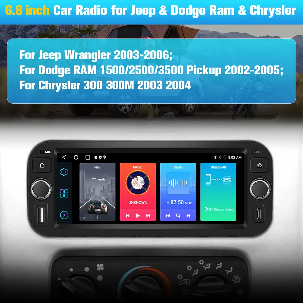 AWESAFE (2GB+64GB)Bluetooth Car Radio For Jeep Wrangler & Chrysler 300 & Dodye Ram, 6.86 inch Touchscreen with AM/FM/Wireless CarPlay Android Auto – Image 7
