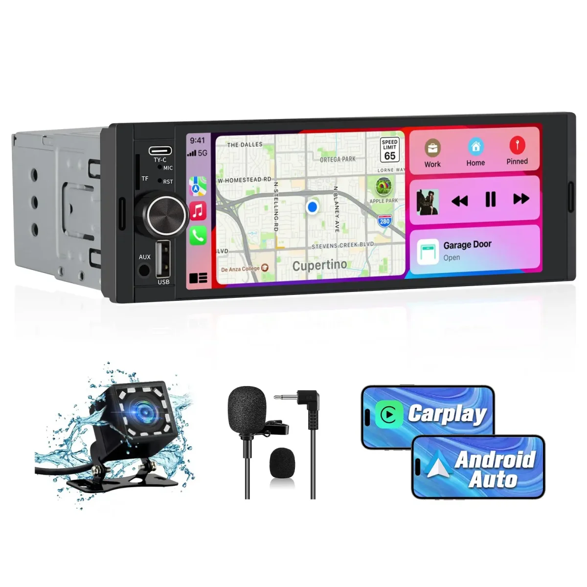 AWESAFE 6.36'' Single DIN Car Radio with Wireless Apple CarPlay & Android Auto HD IPS Touchscreen Radio with Bluetooth, Backup Camera, Support USB Type-C Charging/USB/Mirror Link/Microphone