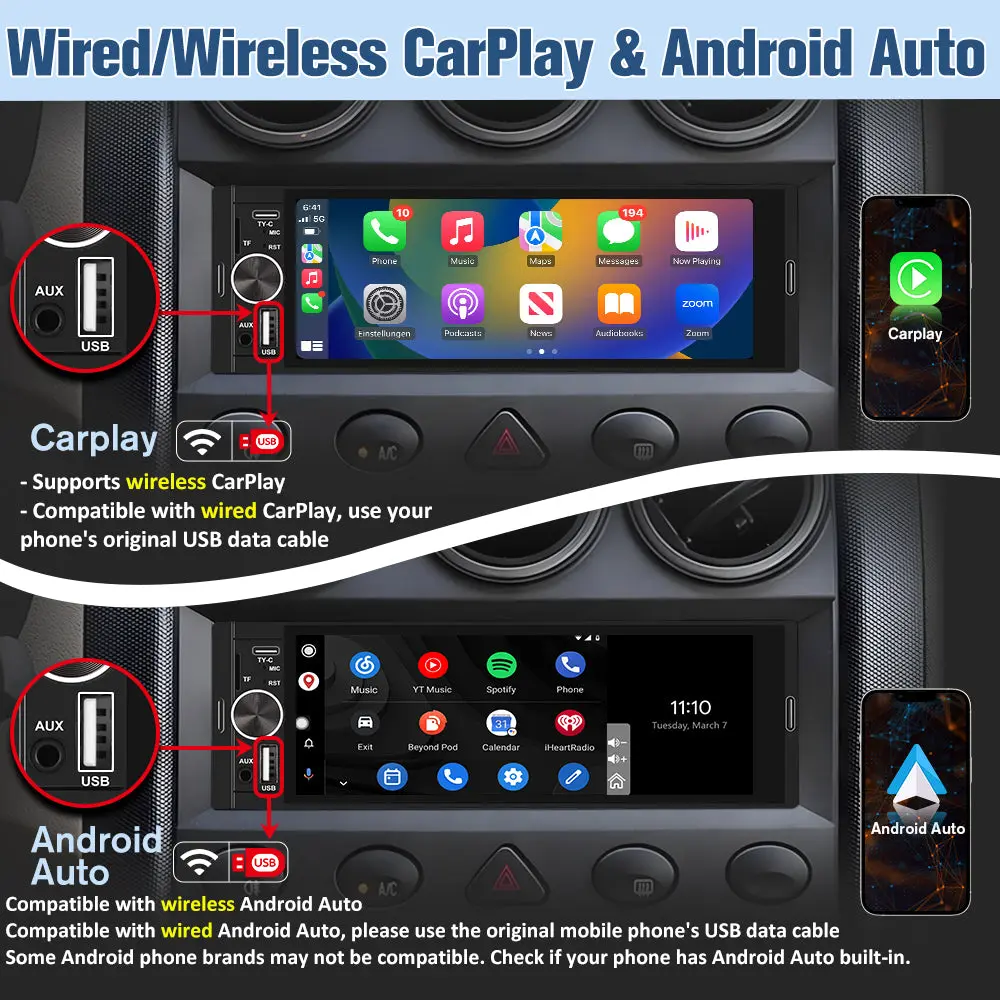 AWESAFE 6.36'' Single DIN Car Radio with Wireless Apple CarPlay & Android Auto HD IPS Touchscreen Radio with Bluetooth, Backup Camera, Support USB Type-C Charging/USB/Mirror Link/Microphone – Image 4
