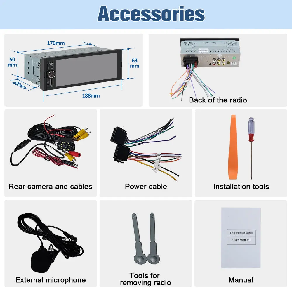 AWESAFE 6.36'' Single DIN Car Radio with Wireless Apple CarPlay & Android Auto HD IPS Touchscreen Radio with Bluetooth, Backup Camera, Support USB Type-C Charging/USB/Mirror Link/Microphone – Image 9